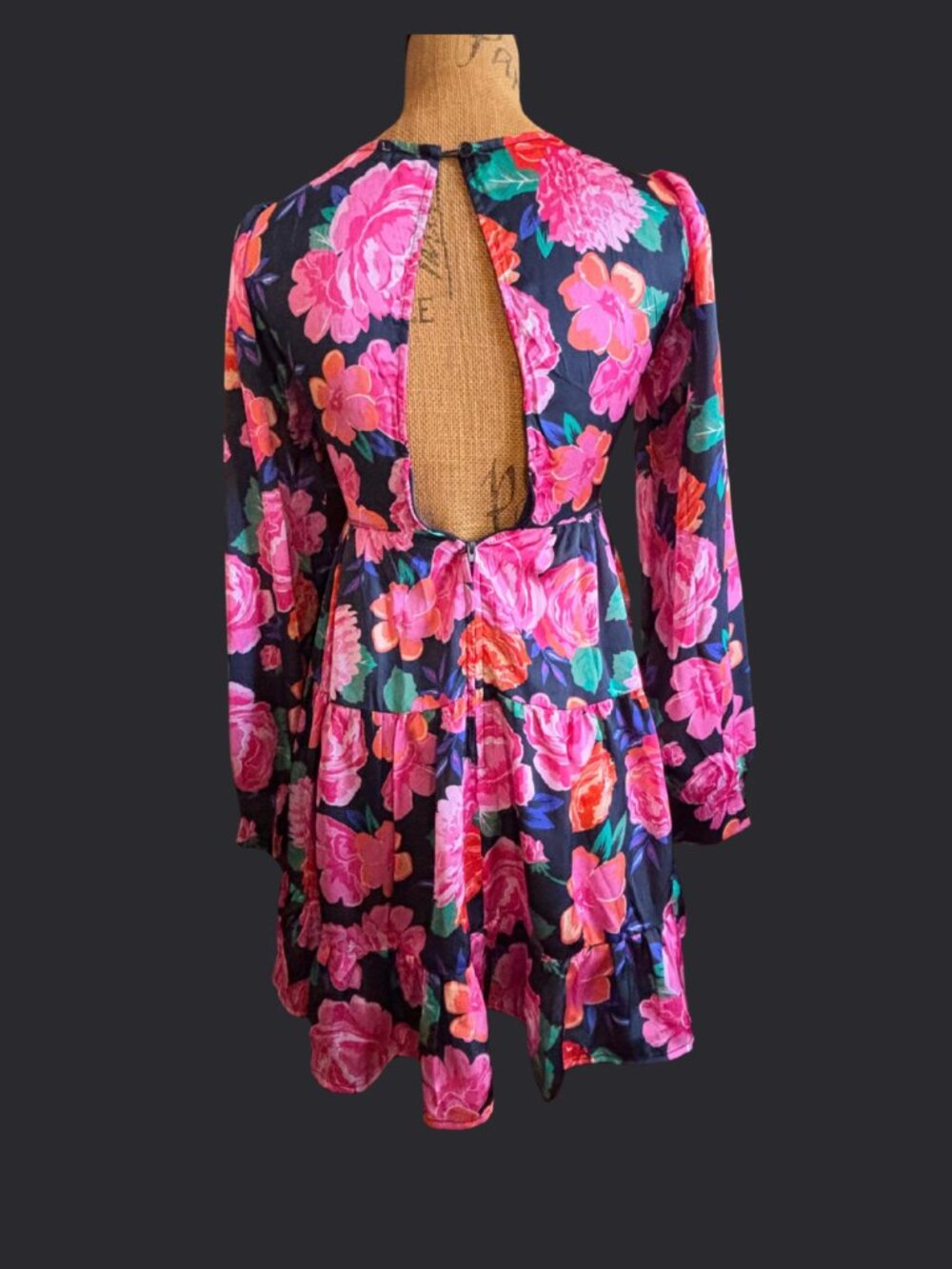 Mi Ami Floral Mini Dress XXS Tiered Long Sleeve Open Back Boho Retro - Picture 3 of 10